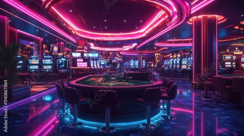 Neon-lit casino interior with slot machines, poker table, and vibrant lighting.