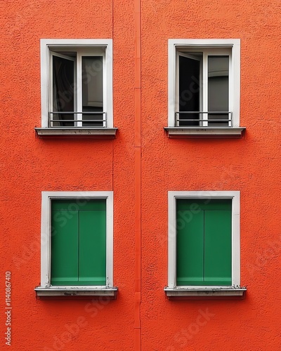 This striking abstract composition contrasts a red wall with a green one and features golden grass in the foreground. photo