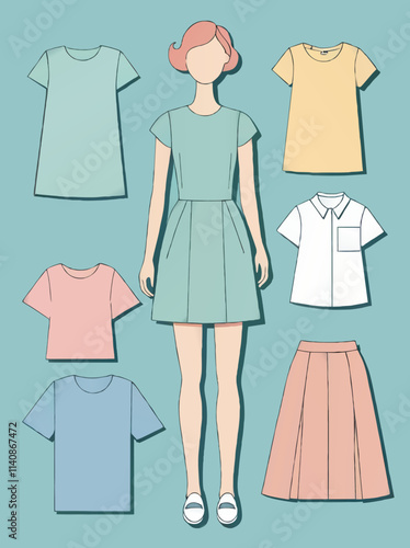 fashion model paper doll with clothing, cartoon vector