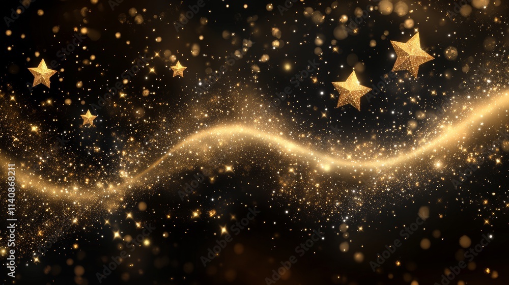 Magic gold dust trail with star shaped sparkles on dark transparent background. Realistic vector illustration of circle and wave path of shine glitter and shimmer particles. Can be used as png. Magic gold dust trail with star shaped sparkles on dark transparent background. Realistic vector illustration of circle and wave path of shine glitter and shimmer particles. Can be used as png.