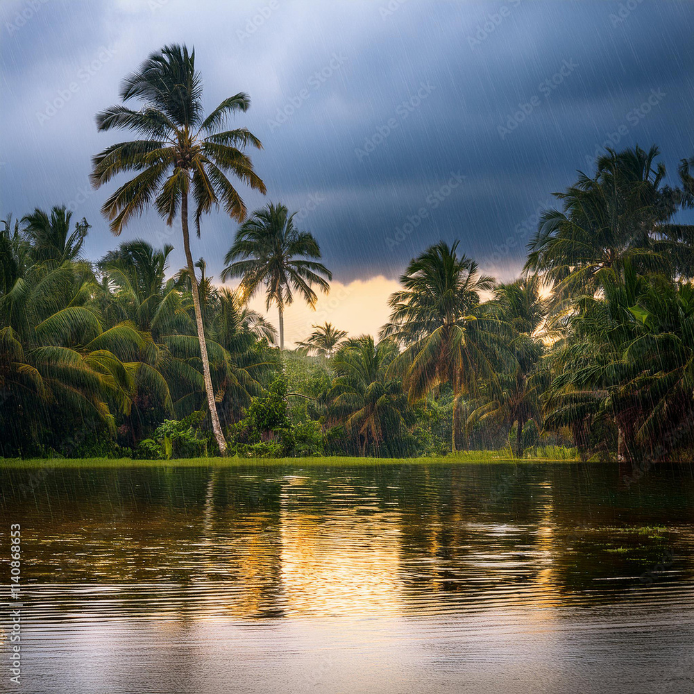 Dramatic Tropical Rainstorm with Palm Trees and Sky Dramatic Tropical Rainstorm with Palm Trees and Sky
