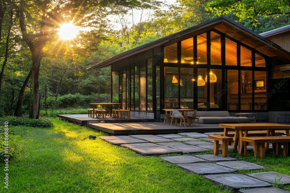 Fototapeta premium Modern glass house, wooden deck, sunny forest setting.
