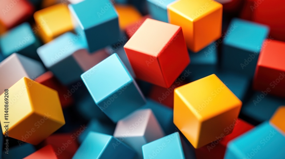 Abstract Colorful Cubes Composition: A vibrant 3D render of colorful cubes, showcasing dynamic shapes and textures. Perfect for design, technology, and abstract art.