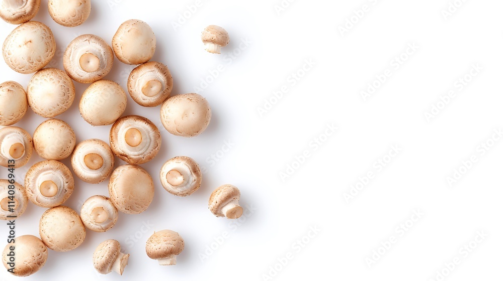 Obraz premium White button mushrooms, raw food, cooking ingredient, healthy eating, close up, isolated on white, copy space, culinary, food photography, nutritious, fungi, fresh produce