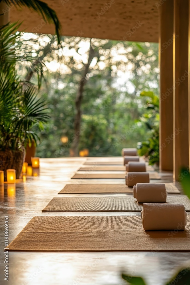 Fototapeta premium Tan mats, rolled towels, candles, serene outdoor view.