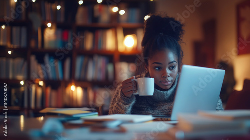 A student taking a break from studying, holding a cup of coffee while staring at a laptop screen, the table cluttered with notes and books photo