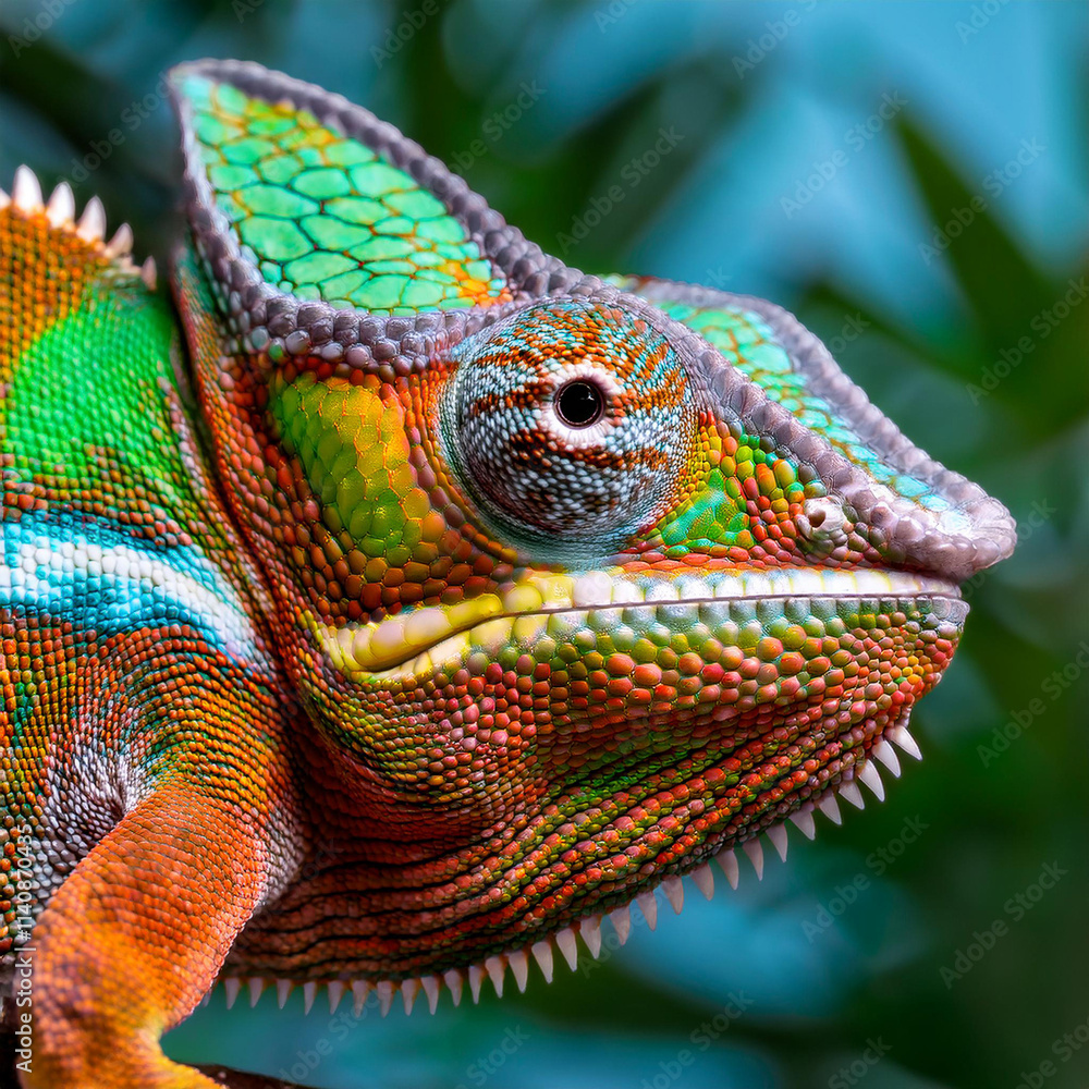 Fototapeta premium Vibrant Chameleon Close-Up on Branch with Intricate Patterns