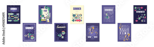 Summer Ocean and Underwater Banner with Fish Swimming in Sea Vector Set