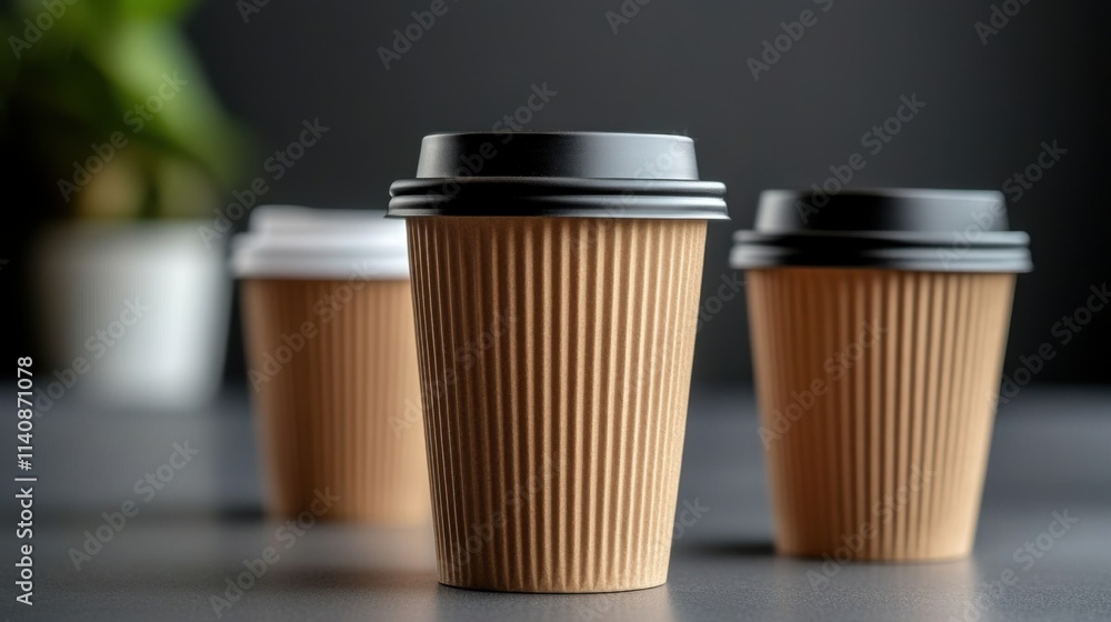 Warm Coffee Cups on a Table with Blurred Background of Plant in Modern Indoor Setting Warm Coffee Cups on a Table with Blurred Background of Plant in Modern Indoor Setting