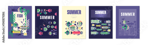 Summer Ocean and Underwater Banner with Fish Swimming in Sea Vector Set