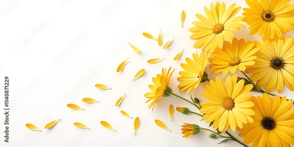 Bright calendula (marigold) flowers on a white background. Composition of whole flowers, buds and petals. Ideal for use as a background, texture, for creating postcards and invitations