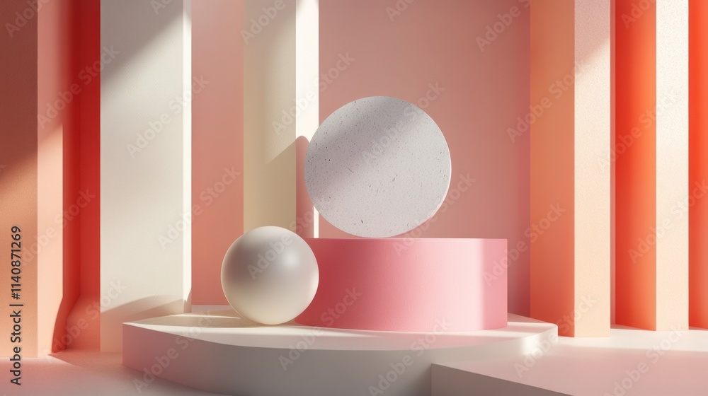 Pastel Geometric Abstract Still Life: Minimalist 3D Render of Sphere and Cylinder on Platform with Sunlit Columns