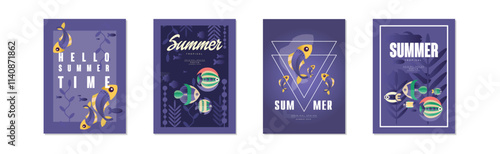 Summer Ocean and Underwater Banner with Fish Swimming in Sea Vector Set