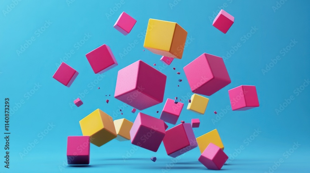 Abstract Colorful Cubes in Motion: A 3D Rendering of Vivid Pink and Yellow Geometric Shapes Against a Bright Blue Background Abstract Colorful Cubes in Motion: A 3D Rendering of Vivid Pink and Yellow Geometric Shapes Against a Bright Blue Background
