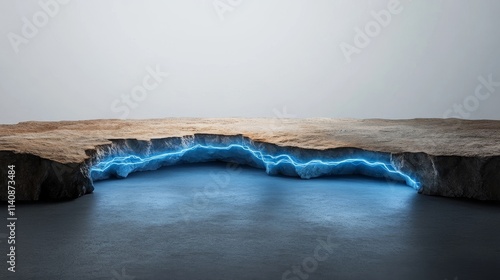 A blue and white image of a rocky shoreline with a blue line of light