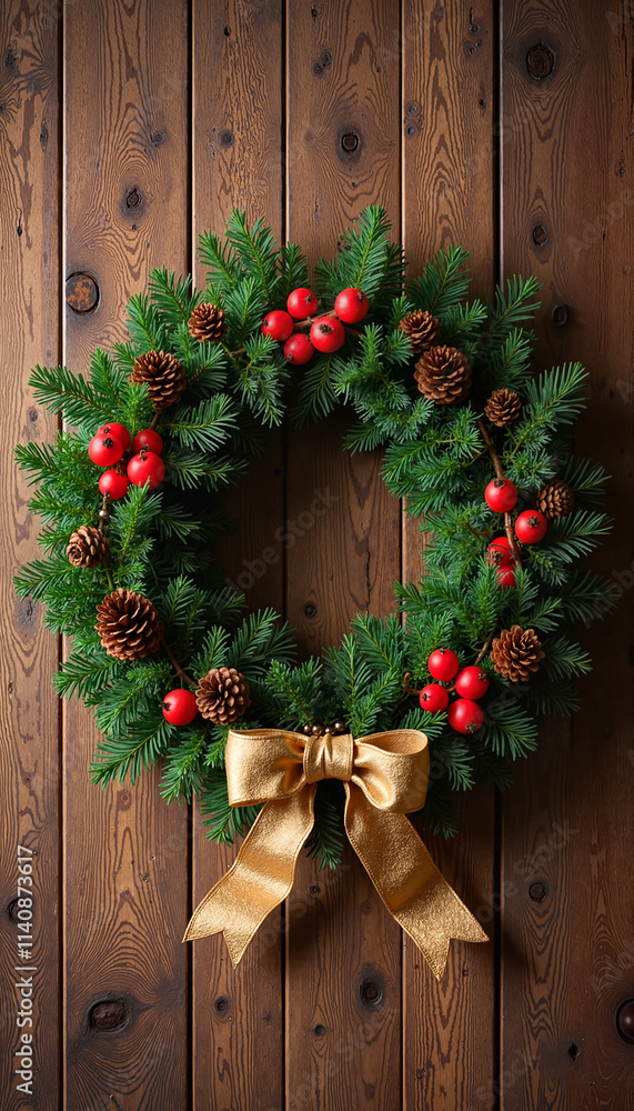 Traditional Christmas Holiday Wreath with Natural Pine Cones and Gold Bow Against Rustic Wood Traditional Christmas Holiday Wreath with Natural Pine Cones and Gold Bow Against Rustic Wood