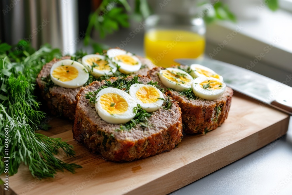 Slices of herb-crusted meatloaf topped with hard-boiled eggs rest on a board, surrounded by dill and a knife, hinting at a delicious meal to come. Slices of herb-crusted meatloaf topped with hard-boiled eggs rest on a board, surrounded by dill and a knife, hinting at a delicious meal to come.
