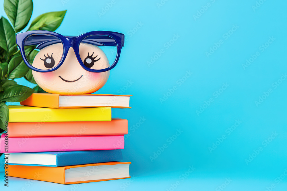 cheerful character with glasses sits atop colorful books against blue background, creating playful and inviting atmosphere cheerful character with glasses sits atop colorful books against blue background, creating playful and inviting atmosphere