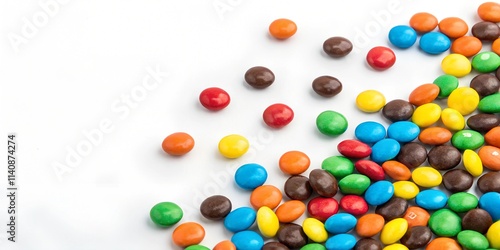 Colorful candy-coated chocolates on a white background. Bright candies of various colors create a playful and appetizing mood. Ideal for use as a background, texture, for creating postcards.