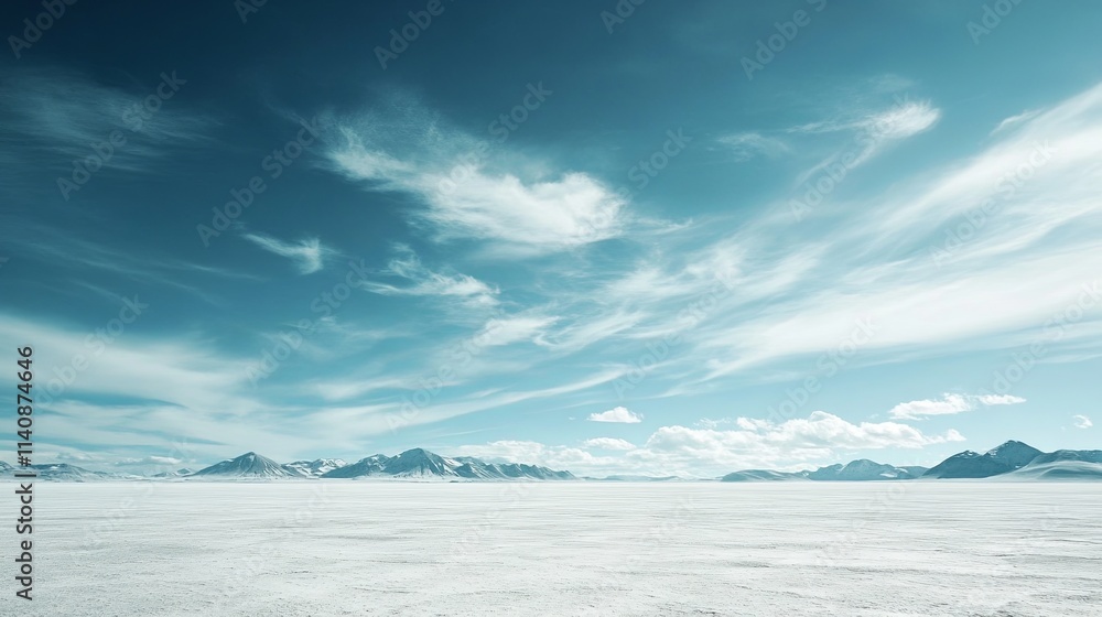 Fototapeta premium A breathtaking winter landscape unfolds, showcasing dramatic, billowing clouds and distant mountains, all beneath a vivid blue sky