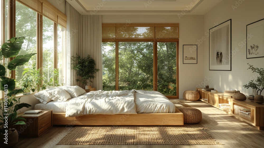 Naklejka premium Serene bedroom, sunlight, wooden bed, plants.