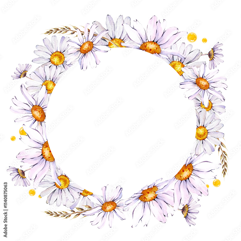 Fototapeta premium Round frame with daisies and herbs on a white background. Watercolor illustration with white daisies. Isolated botanical drawing.