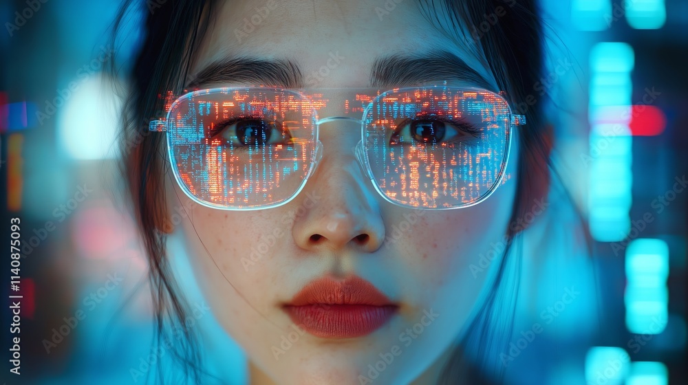 This vibrant Women's Day poster design features a woman with glasses reflecting digital patterns, symbolizing empowerment for International Women's Day. Celebrate strength and innovation! This vibrant Women's Day poster design features a woman with glasses reflecting digital patterns, symbolizing empowerment for International Women's Day. Celebrate strength and innovation!