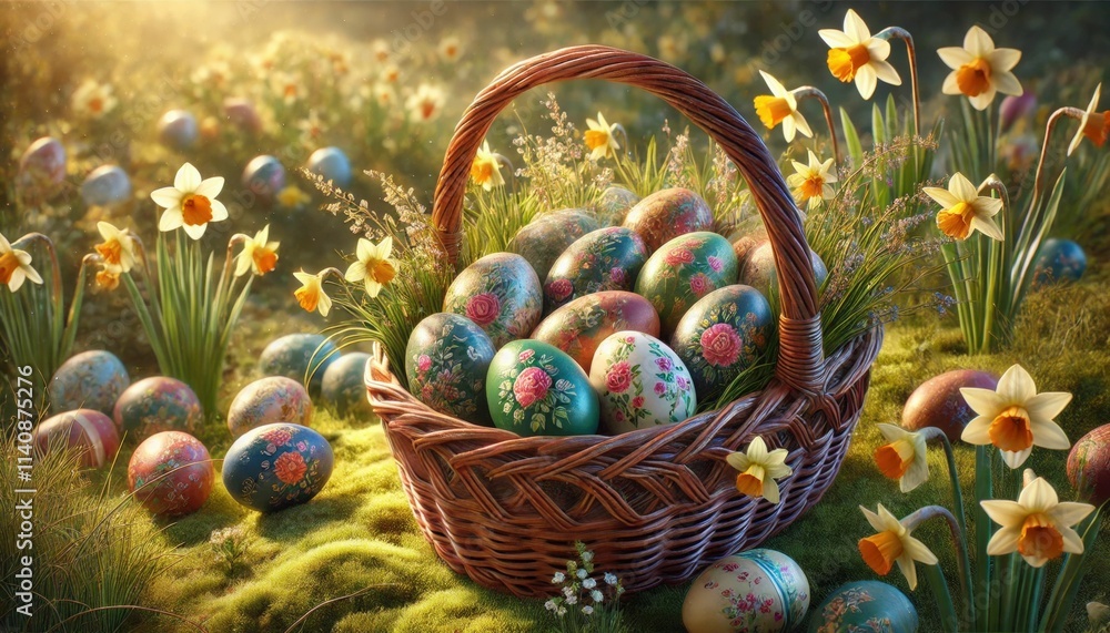 Spring-Themed Easter Basket with Painted Eggs and Blooming Daffodils Spring-Themed Easter Basket with Painted Eggs and Blooming Daffodils