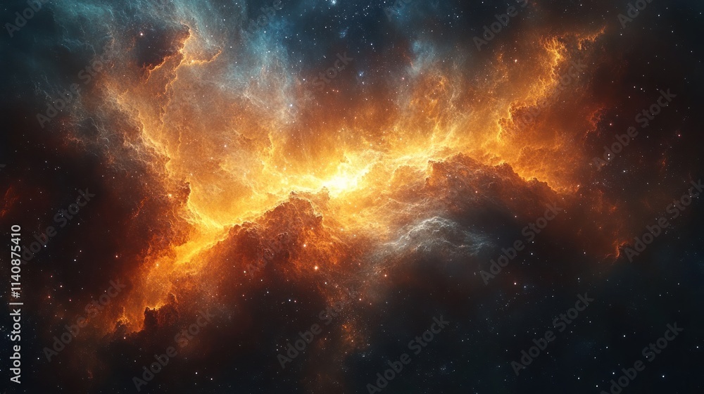 Fototapeta premium Fiery nebula, cosmic dust, star-studded expanse.