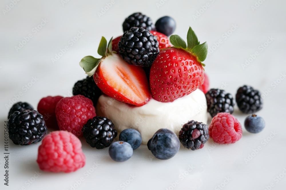 Obraz premium A delightful medley of strawberries, blackberries, blueberries, and raspberries over a creamy base, artfully placed on a marble surface.