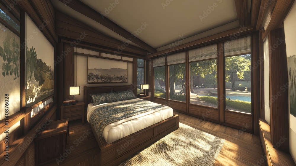 Obraz premium Serene Bedroom with Garden View: A Luxurious and Tranquil Retreat
