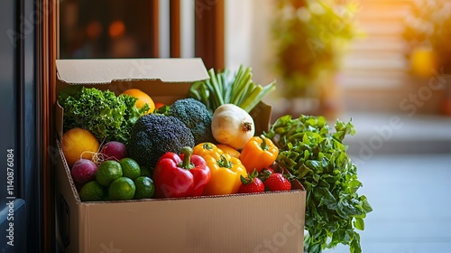 Fototapeta Naklejka Na Ścianę i Meble -  Fresh delivery of assorted vegetables and fruits at the doorstep. Generative AI.
