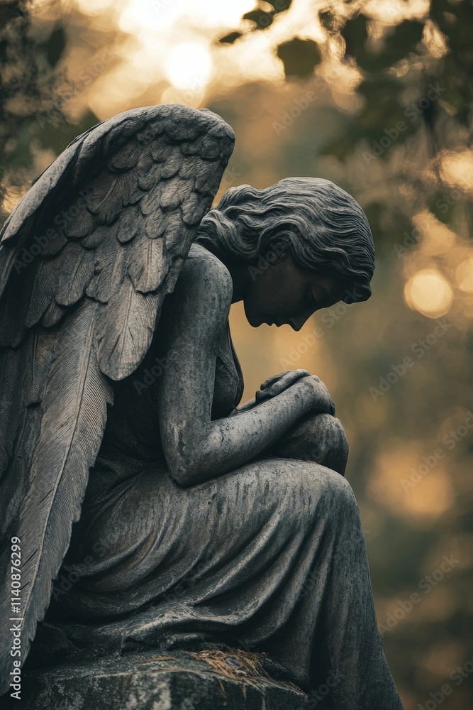 Fototapeta premium Stone angel statue, wings, seated, sorrow, sunset.
