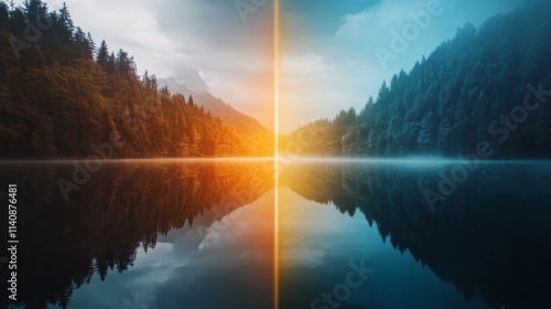 A beautiful lake with a bright orange sun reflecting on the water