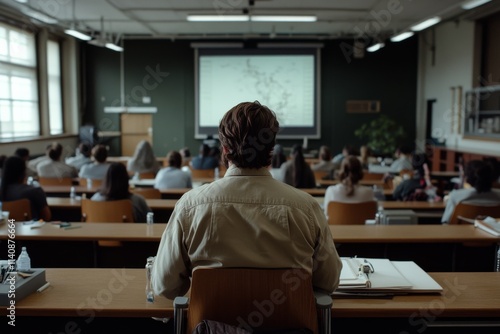 A classroom of engaged students listening to a lecture, with focus on the professor at the front.