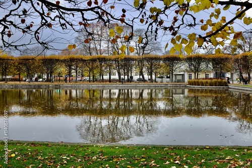 A pond in the Kadriorg Park in Tallinn, Estonia during golden autumn