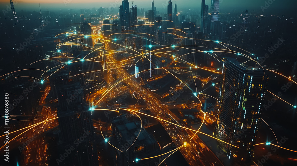 Smart digital Innovation city with connection network reciprocity over the cityscape. of future smart wireless city and social media networking systems that connects business people with in city Smart digital Innovation city with connection network reciprocity over the cityscape. of future smart wireless city and social media networking systems that connects business people with in city