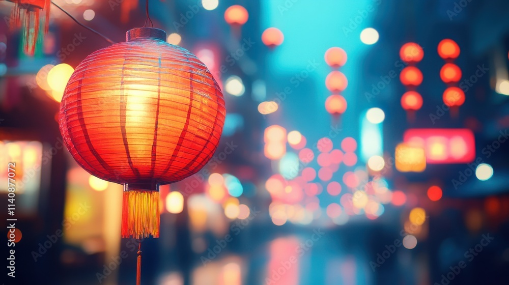 Chinese New Year Lanterns in Festive Street at Dusk for Holiday Celebration Design Chinese New Year Lanterns in Festive Street at Dusk for Holiday Celebration Design