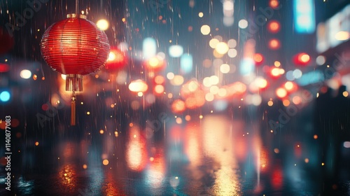 Chinese Lunar New Year Celebration: Festive Red Lanterns in Rainy Night Ambiance for Poster Design