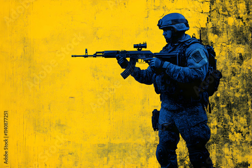 Silhouette of Soldier Aims Rifle Against Yellow Grunge Wall, Military Action Abstract Background photo