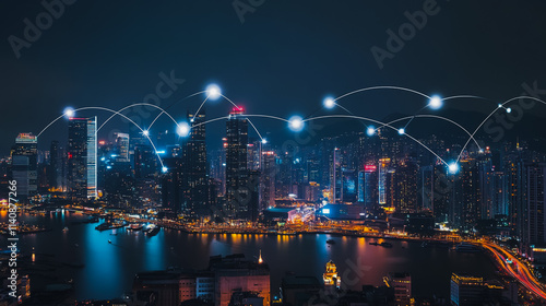 Abstract businessman stands on the peak of success Smart digital city with connection cyber security network reciprocity over the cityscape future wireless digital city and social media networking