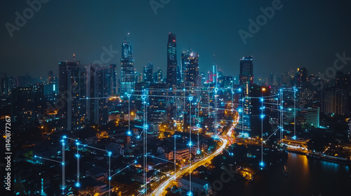 Wallpaper Mural Abstract businessman stands on the peak of success Smart digital city with connection cyber security network reciprocity over the cityscape future wireless digital city and social media networking Torontodigital.ca