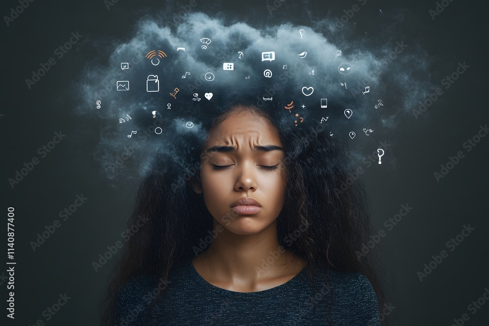 Sad woman reflecting on online struggles with social networks and addiction. Generative AI. Sad woman reflecting on online struggles with social networks and addiction. Generative AI.
