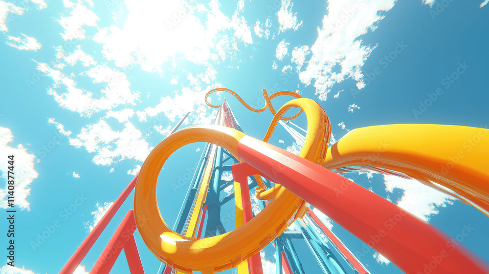 A Colorful Looping Roller Coaster On A Beautiful Sunny Day. Generative AI A Colorful Looping Roller Coaster On A Beautiful Sunny Day. Generative AI