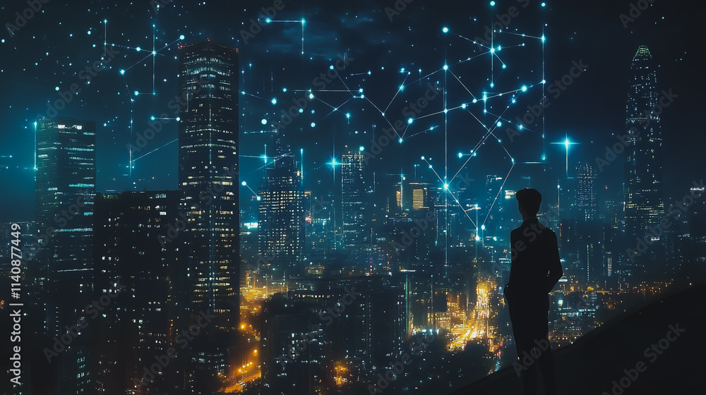 Abstract businessman stands on the peak of success Smart digital city with connection cyber security network reciprocity over the cityscape future wireless digital city and social media networking Abstract businessman stands on the peak of success Smart digital city with connection cyber security network reciprocity over the cityscape future wireless digital city and social media networking
