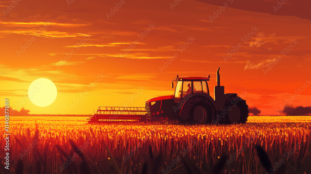 Obraz premium A farmer in a tractors and harvester working in the field to prepares the ground . Agriculture concept suitable for production. A tractor on a soybean farm in the spring sunset. generative ai