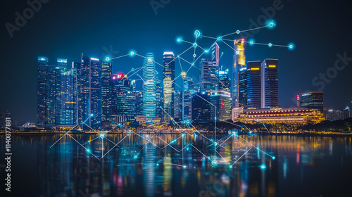 Wallpaper Mural Abstract businessman stands on the peak of success Smart digital city with connection cyber security network reciprocity over the cityscape future wireless digital city and social media networking Torontodigital.ca