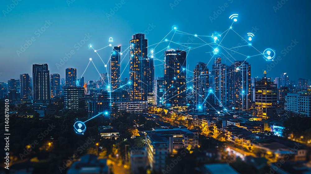 Fototapeta premium Abstract businessman stands on the peak of success Smart digital city with connection cyber security network reciprocity over the cityscape future wireless digital city and social media networking