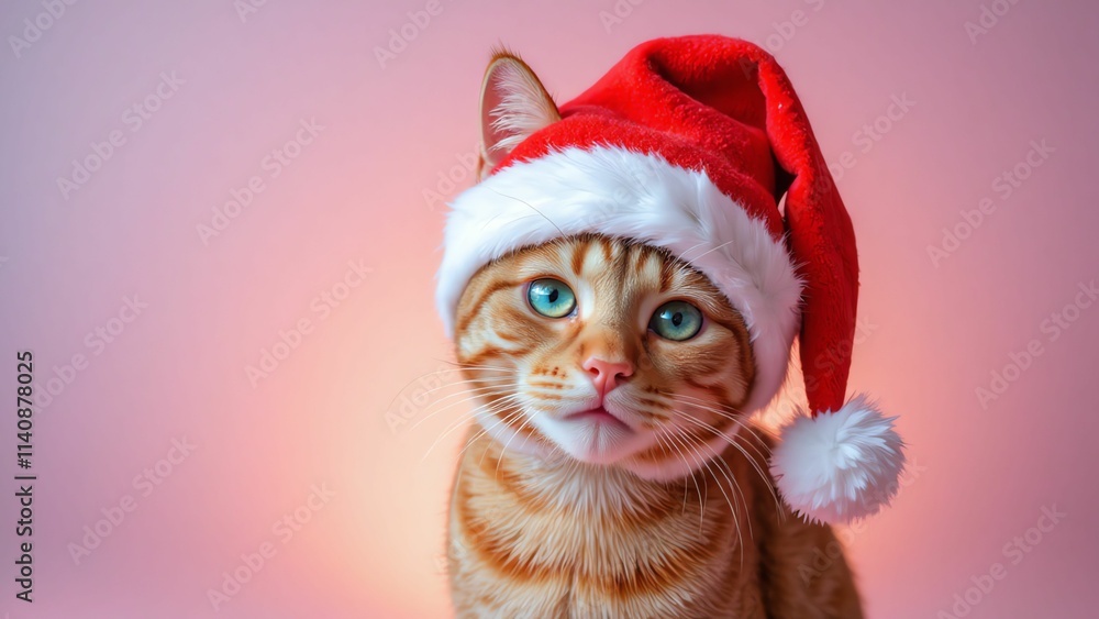 Adorable Ginger Cat Wearing a Santa Hat, Capturing the Holiday Spirit with Its Charming Expression Against a Soft Background Adorable Ginger Cat Wearing a Santa Hat, Capturing the Holiday Spirit with Its Charming Expression Against a Soft Background
