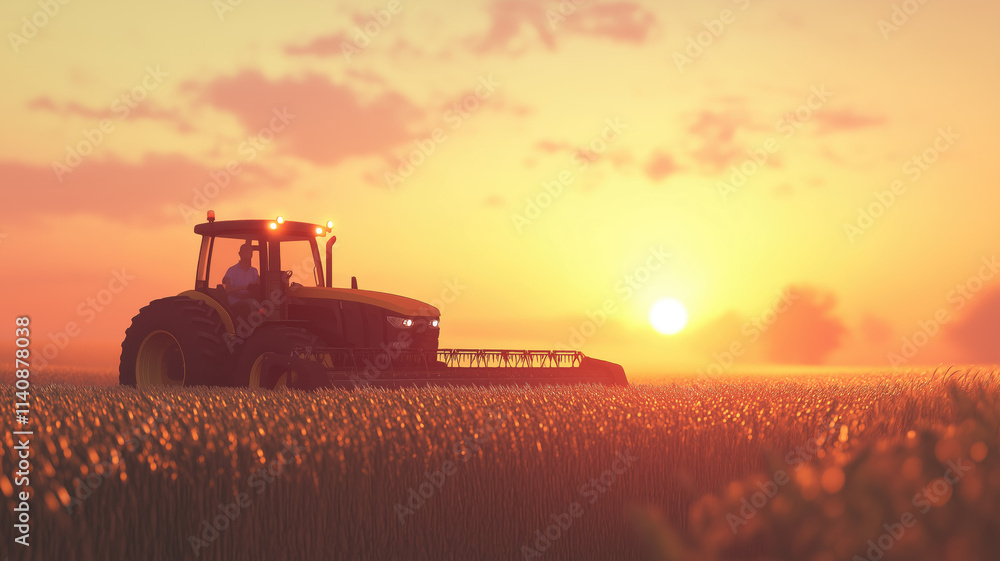 Fototapeta premium A farmer in a tractors and harvester working in the field to prepares the ground . Agriculture concept suitable for production. A tractor on a soybean farm in the spring sunset. generative ai